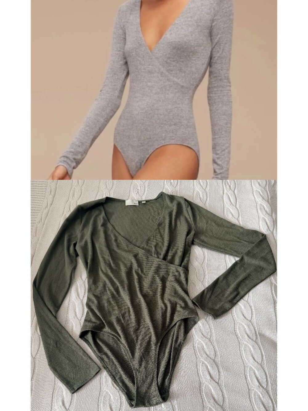 Aritzia Wilfred Free Olive Green Long Sleeve V-Neck Bodysuit "Hari" Size L
